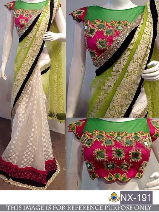 Beautiful designer parrot green and white embroidered saree