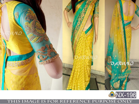 Beautiful designer rama and yellow embroidered wedding saree