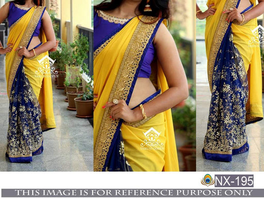 Beautiful designer yellow and blue embroidered saree