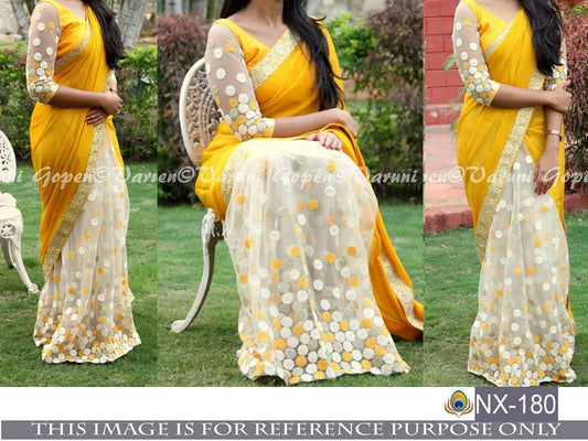 Beautiful designer yellow and white embroidered saree