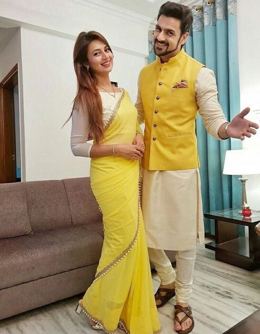 Beautiful divyanka yellow festival saree with moti lace