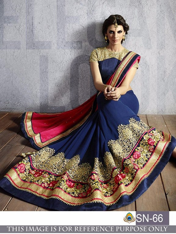 Beautiful embroidered blue georgette wedding saree