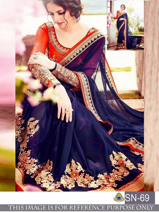 Beautiful embroidered blue wedding saree