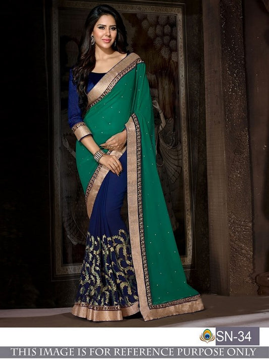 Beautiful green and blue embroidered wedding saree