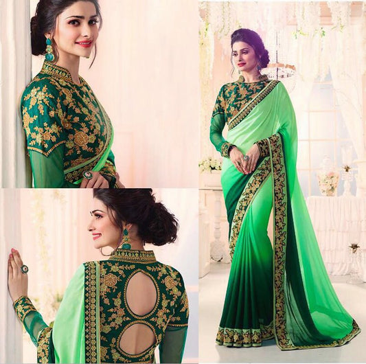 Beautiful green georgette embroidered ceremonial saree