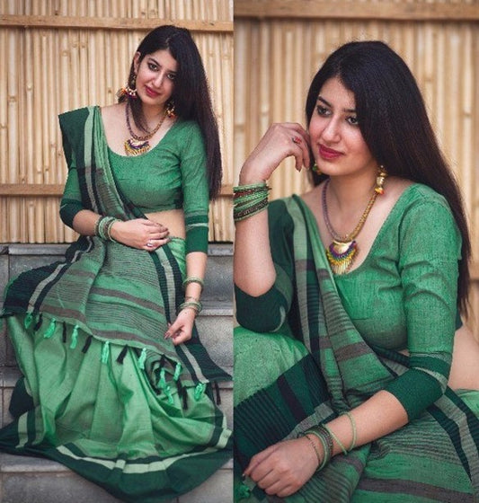 Beautiful green slub cotton silk casual saree