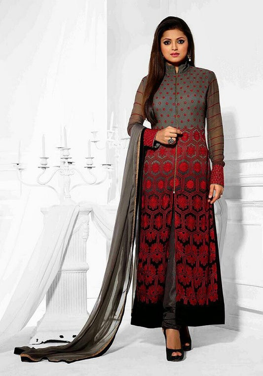 beautiful grey and red salwarsuit