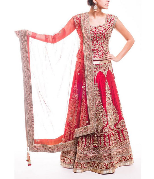 Beautiful heavy embroidered red bridal lehenga