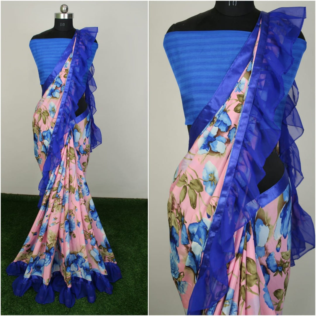 Baby pink silk crap floral printed blue ruffle border saree