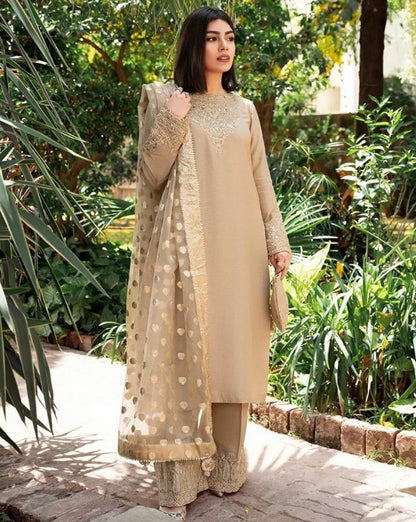 Beige georgette heavy work wedding plazzo suit