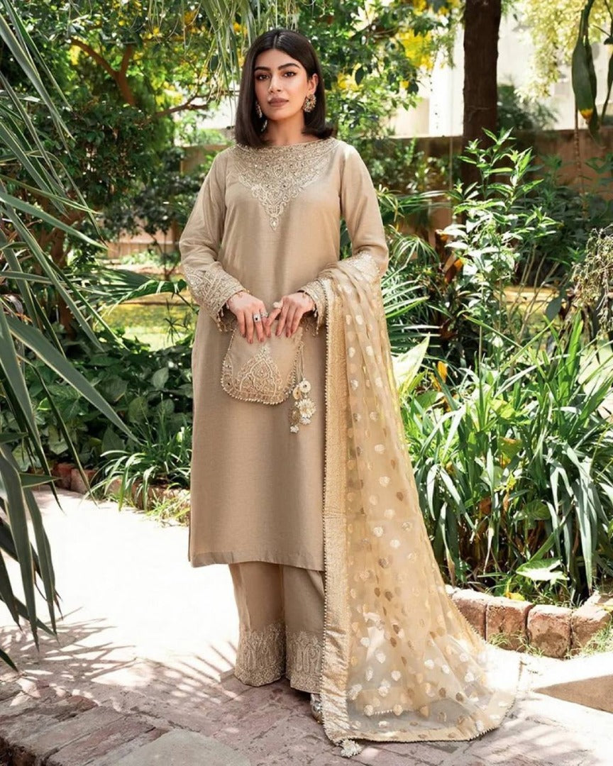 Beige georgette heavy work wedding plazzo suit