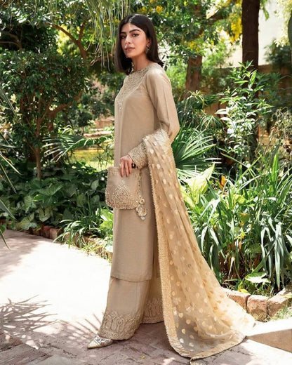 Beige georgette heavy work wedding plazzo suit