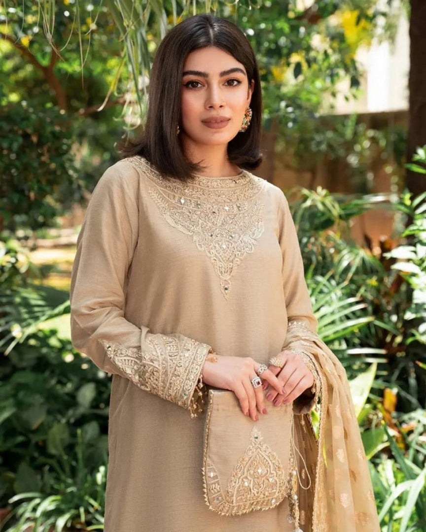 Beige georgette heavy work wedding plazzo suit