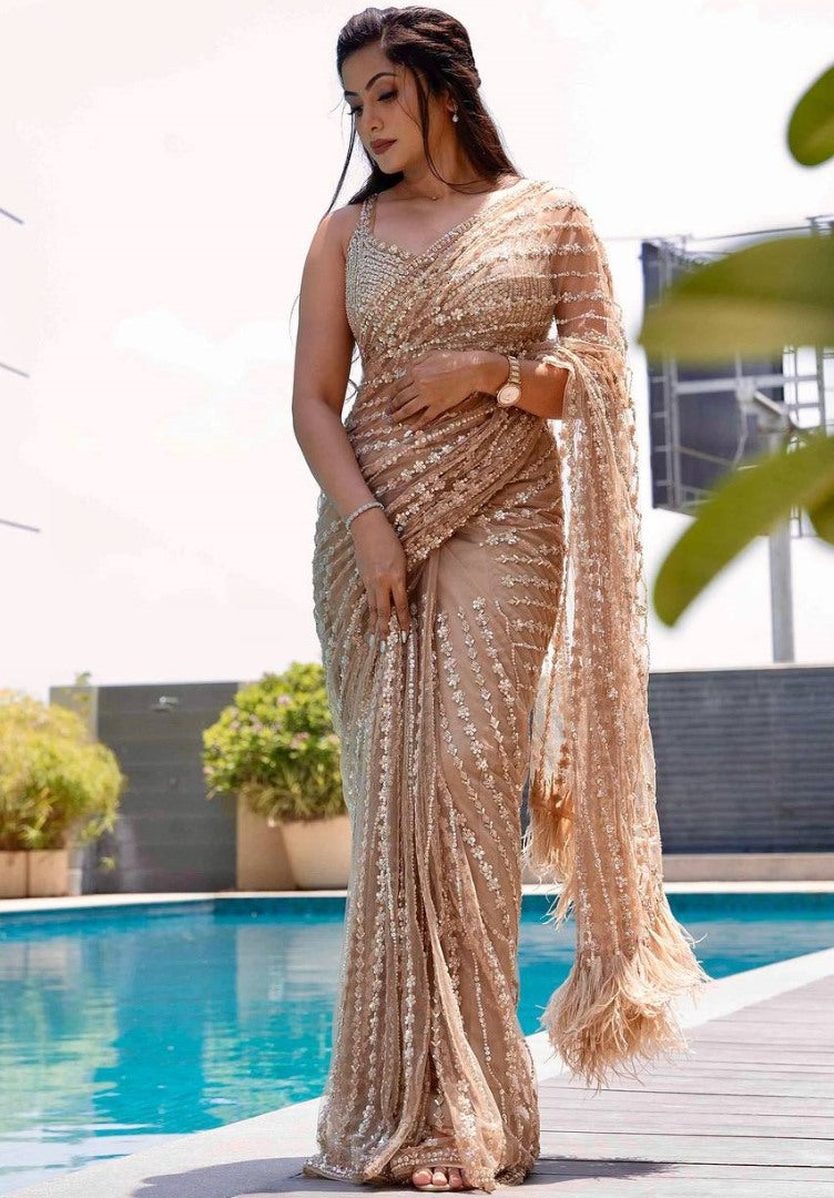 Beige net heavy sequence thread work designer wedding saree