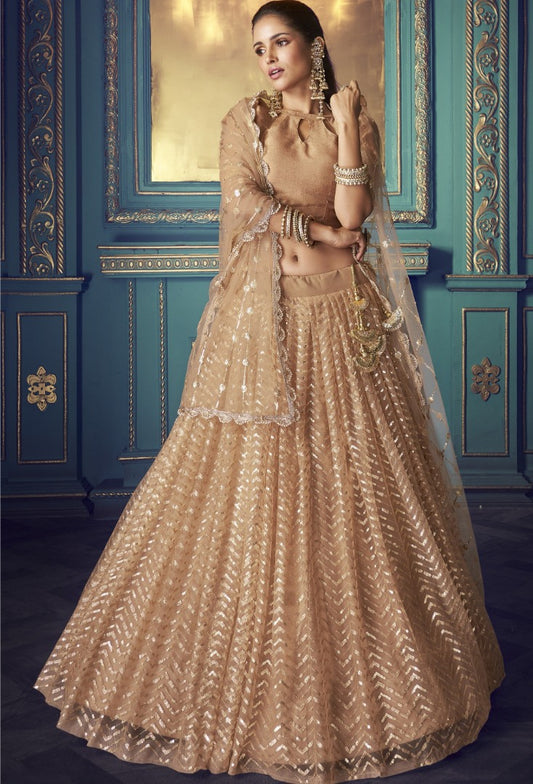 Beige soft net sequence work bridal lehenga choli