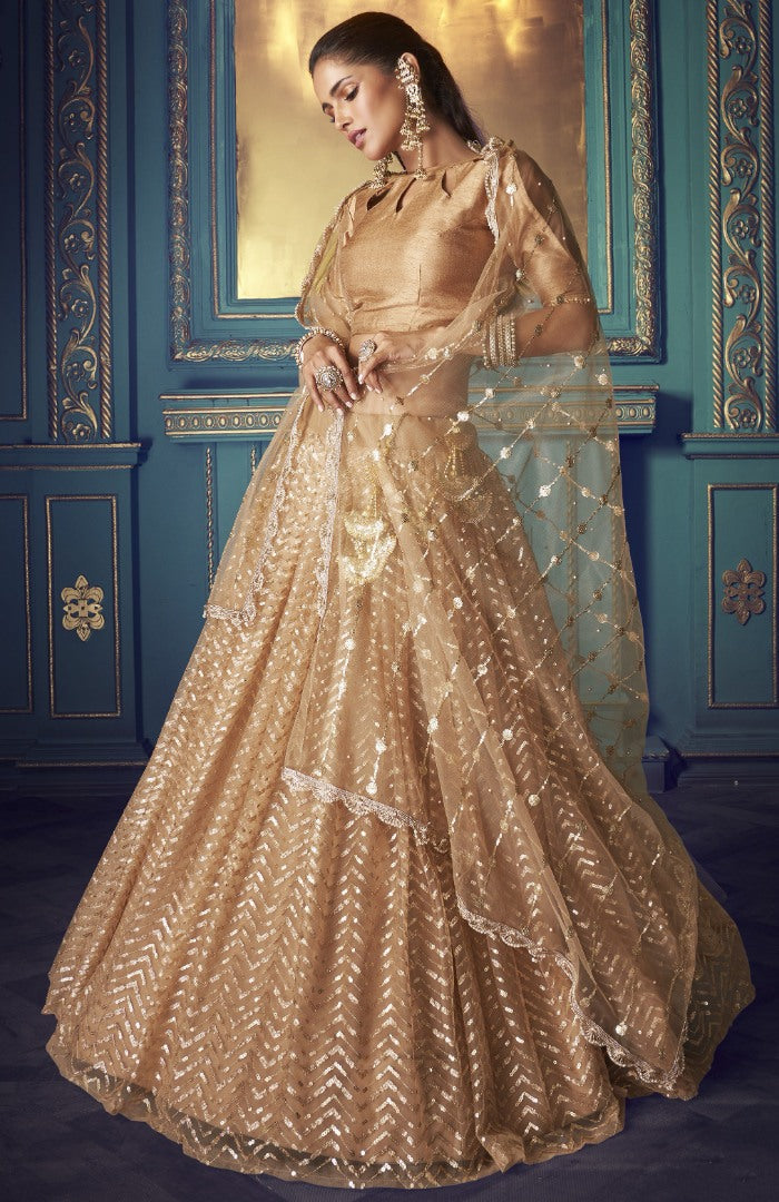 Beige soft net sequence work bridal lehenga choli