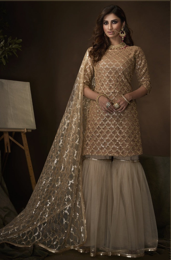 Beige soft net sequence work party wear sharara salwar suit