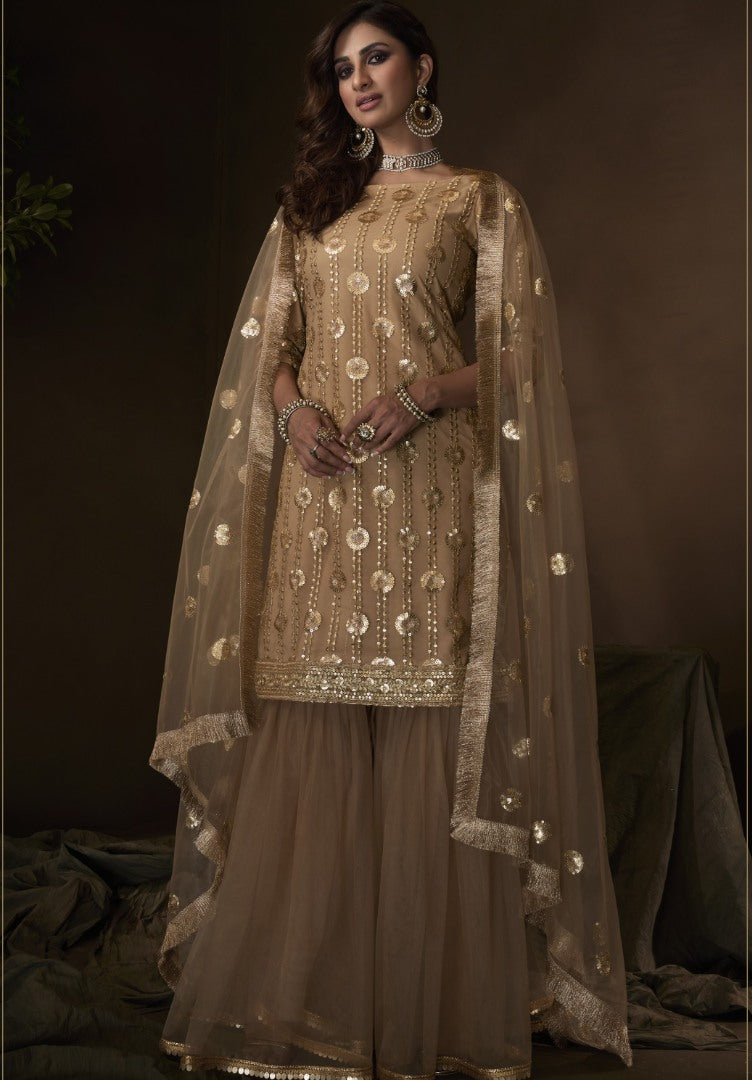 Beige soft net sequence work party wear sharara salwar suit