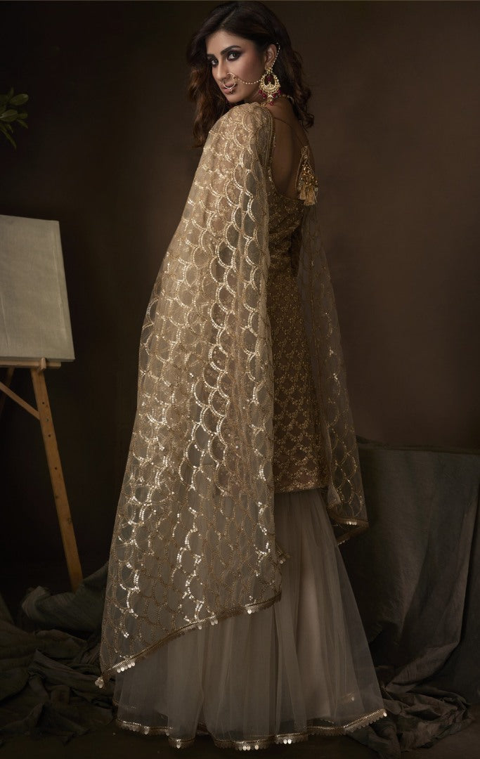 Beige soft net sequence work party wear sharara salwar suit