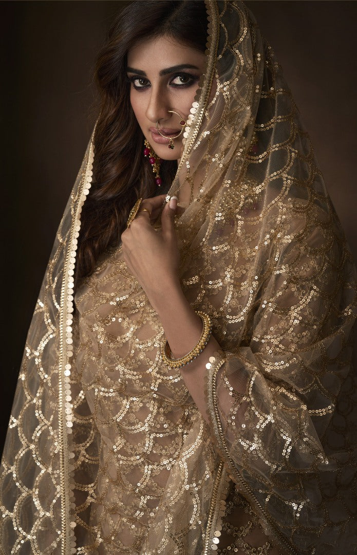 Beige soft net sequence work party wear sharara salwar suit