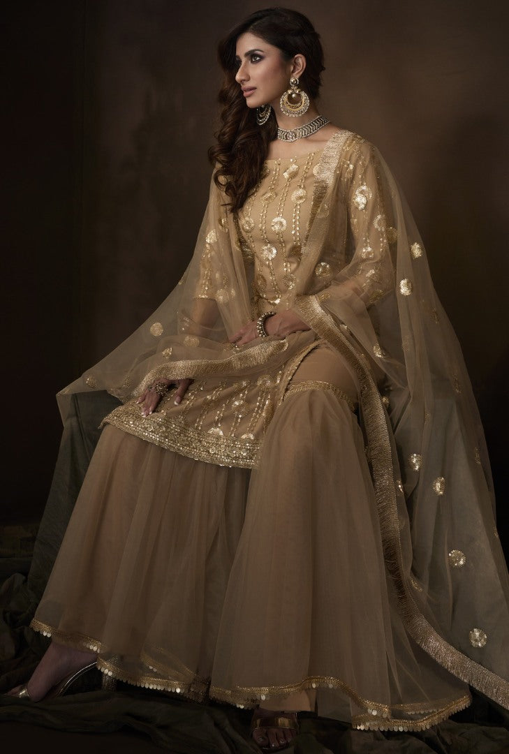 Beige soft net sequence work party wear sharara salwar suit