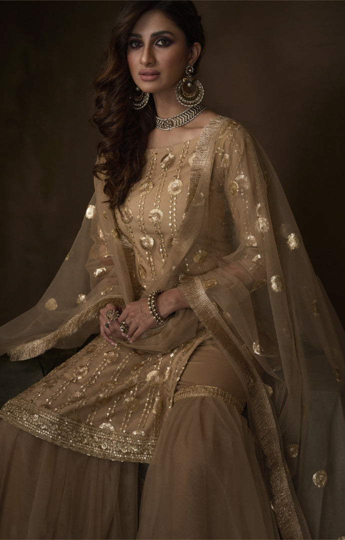 Beige soft net sequence work party wear sharara salwar suit