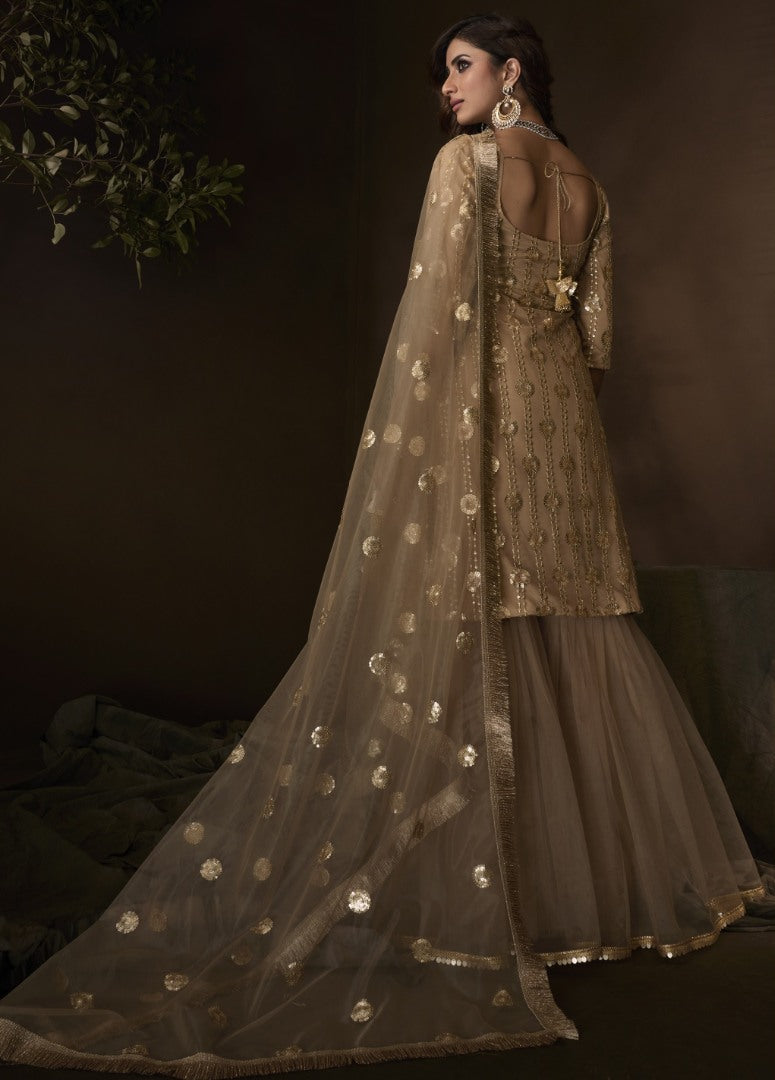 Beige soft net sequence work party wear sharara salwar suit