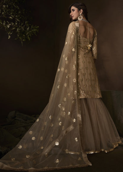 Beige soft net sequence work party wear sharara salwar suit