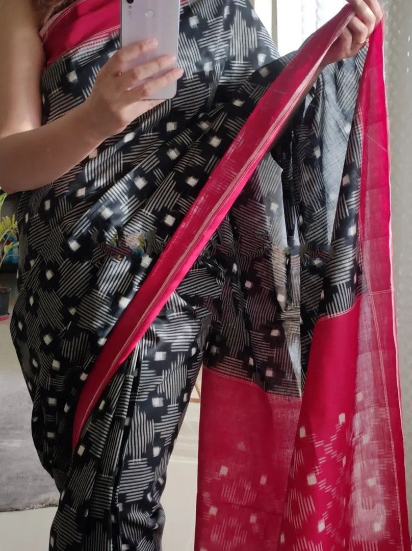 Black and red chanderi cotton printed saree