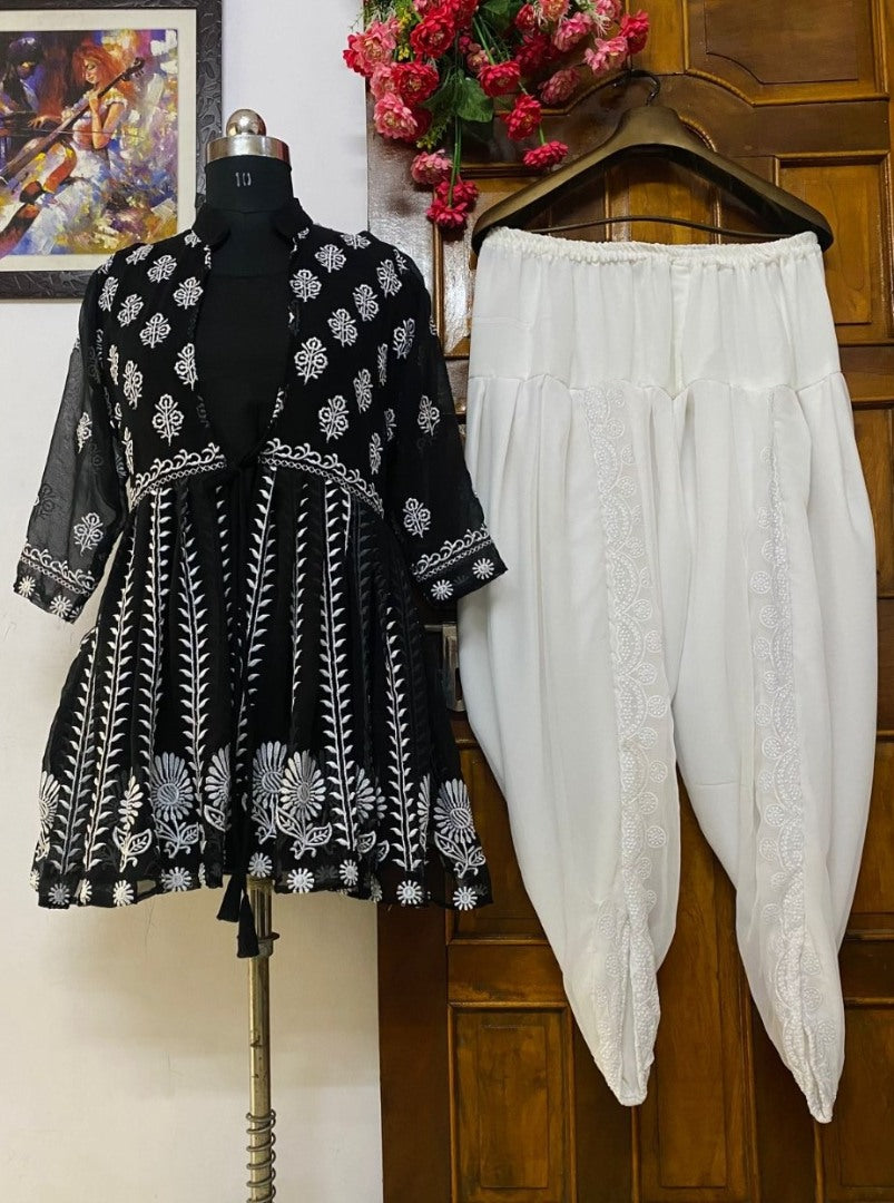 Black and white embroidery work dhoti suit with shrug