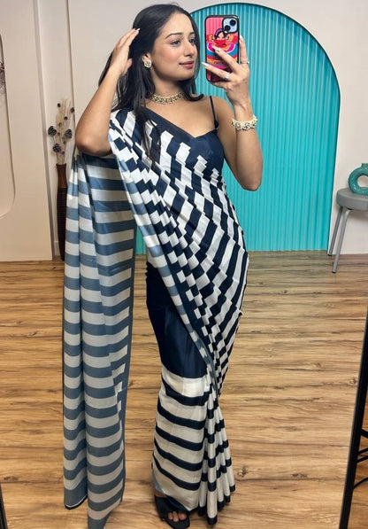 Black and white strip printed ready to wear saree