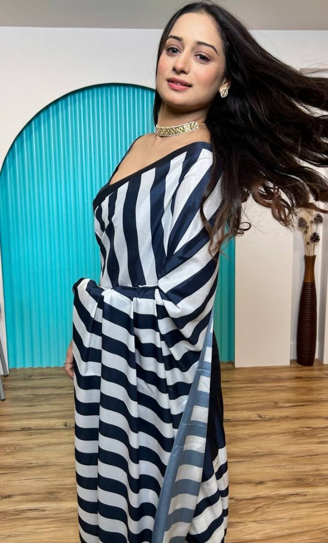 Black and white strip printed ready to wear saree