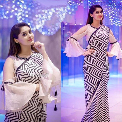 black and white zig zag printed stylist partywear saree