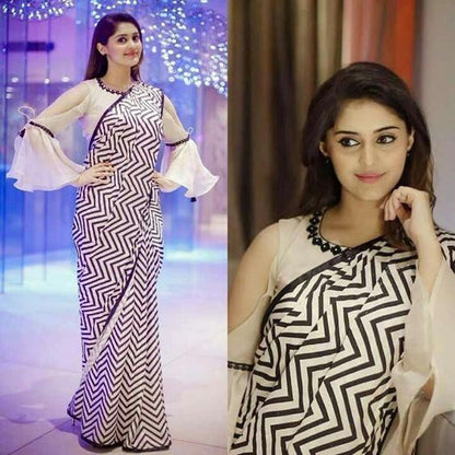 black and white zig zag printed stylist partywear saree