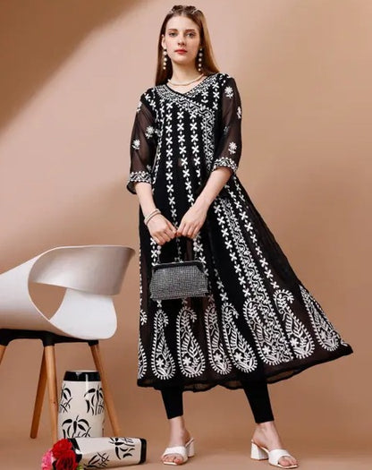 Black chikankari work georgette anarkali kurti