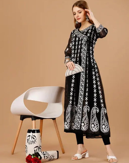 Black chikankari work georgette anarkali kurti