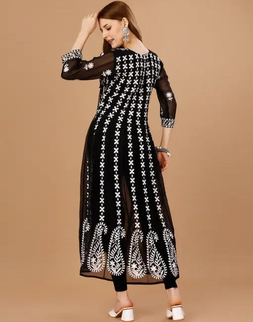 Black chikankari work georgette anarkali kurti