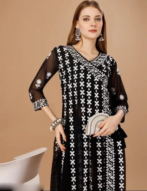 Black chikankari work georgette anarkali kurti