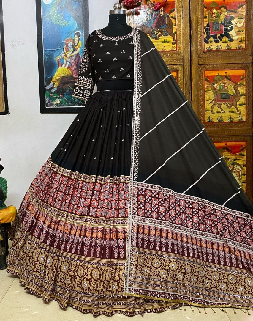 Black cotton print and mirror work gujarati garba navratri lehenga chaniya choli
