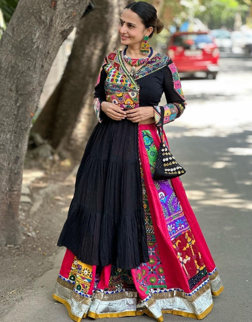 Black cotton print mirror work gujarati garba navratri lehenga chaniya choli