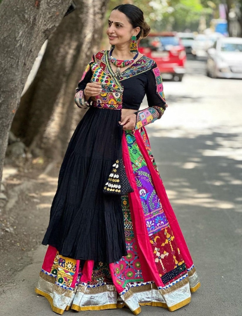 Black cotton print mirror work gujarati garba navratri lehenga chaniya choli