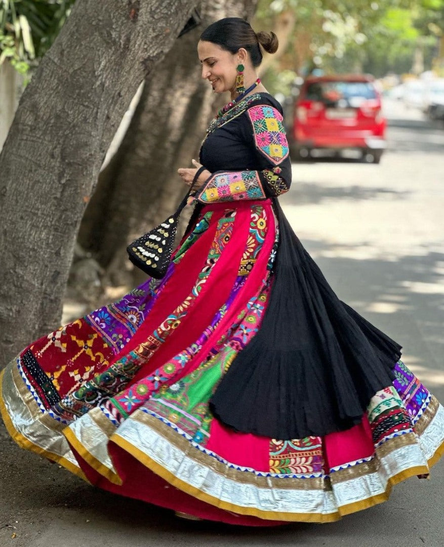 Black cotton print mirror work gujarati garba navratri lehenga chaniya choli