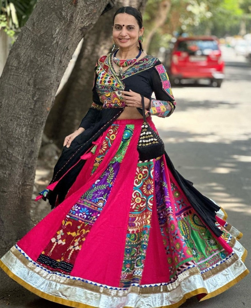 Black cotton print mirror work gujarati garba navratri lehenga chaniya choli