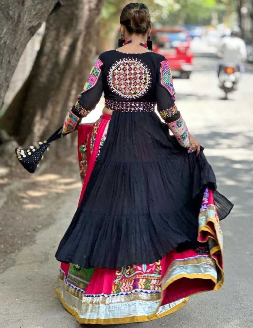 Black cotton print mirror work gujarati garba navratri lehenga chaniya choli