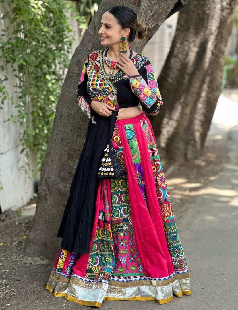 Black cotton print mirror work gujarati garba navratri lehenga chaniya choli