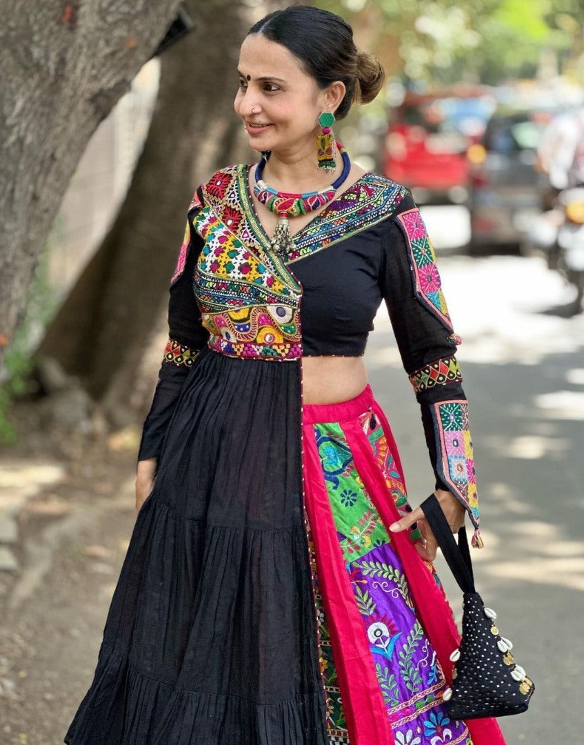 Black cotton print mirror work gujarati garba navratri lehenga chaniya choli