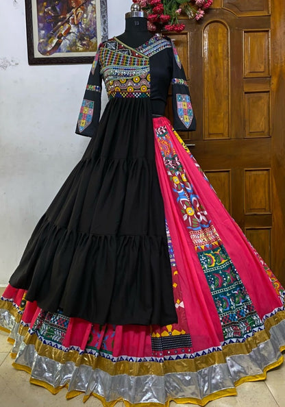 Black cotton print mirror work gujarati garba navratri lehenga chaniya choli