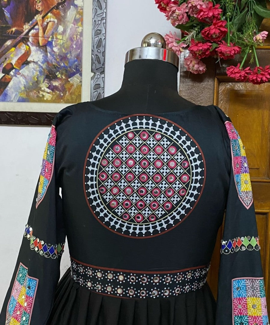 Black cotton print mirror work gujarati garba navratri lehenga chaniya choli