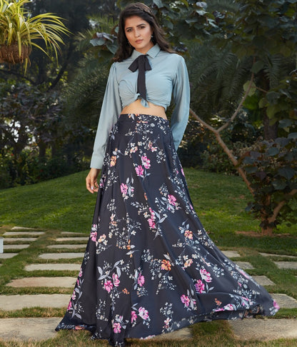 Black crepe silk flower printed party wear crop top lehenga