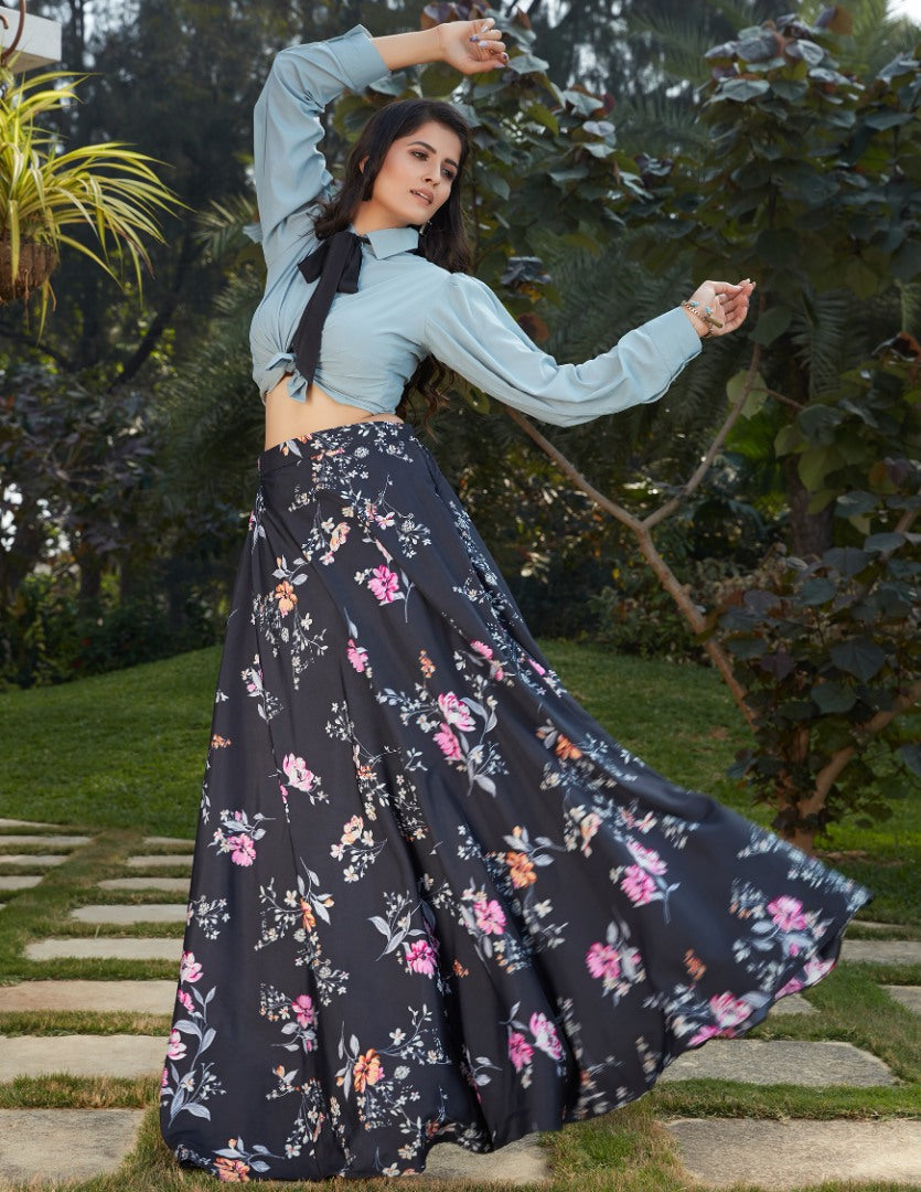 Black crepe silk flower printed party wear crop top lehenga